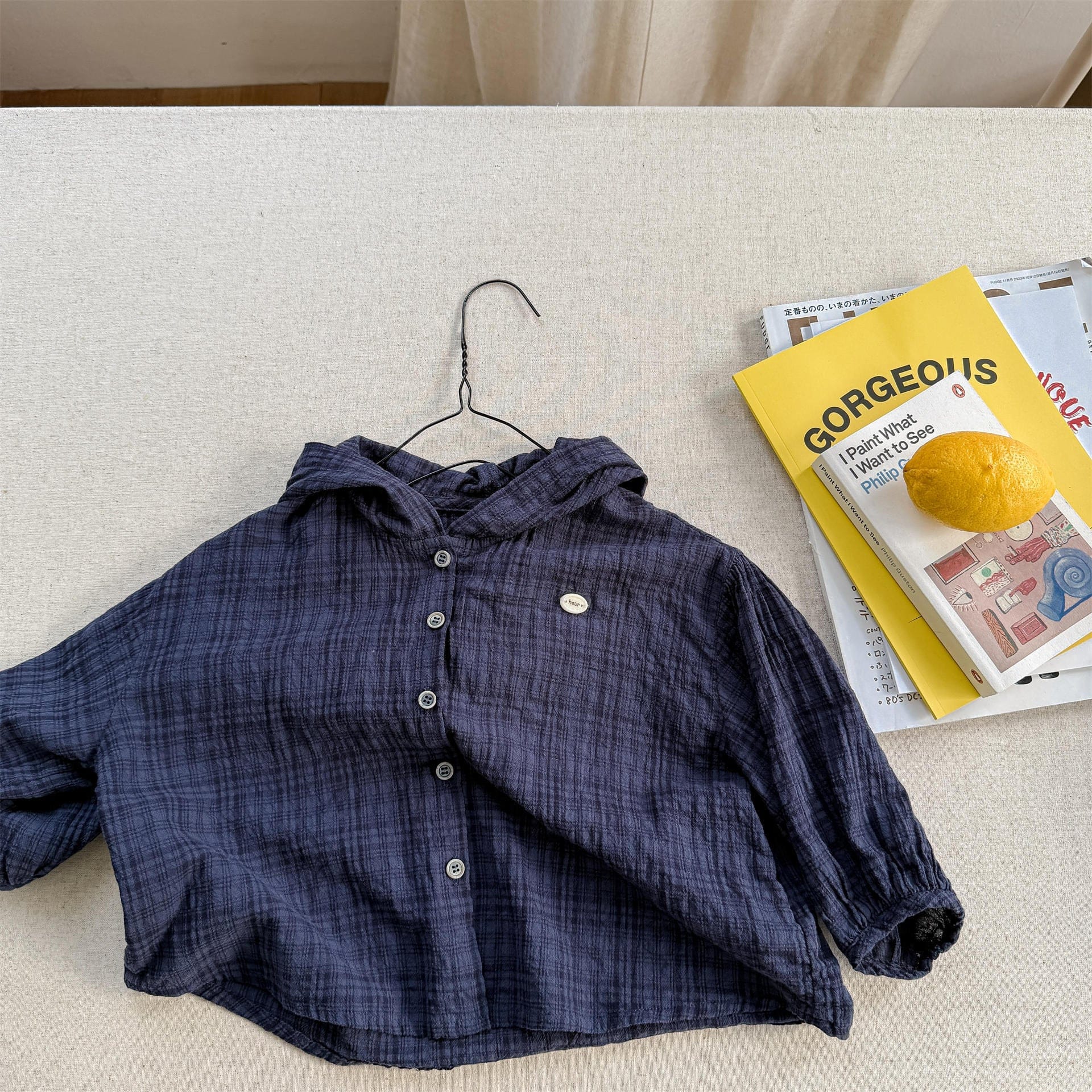 長袖シャツ・ブラウス Navy / 80cm レトロチェックフーディ長袖サマーシャツ【mh0010134】