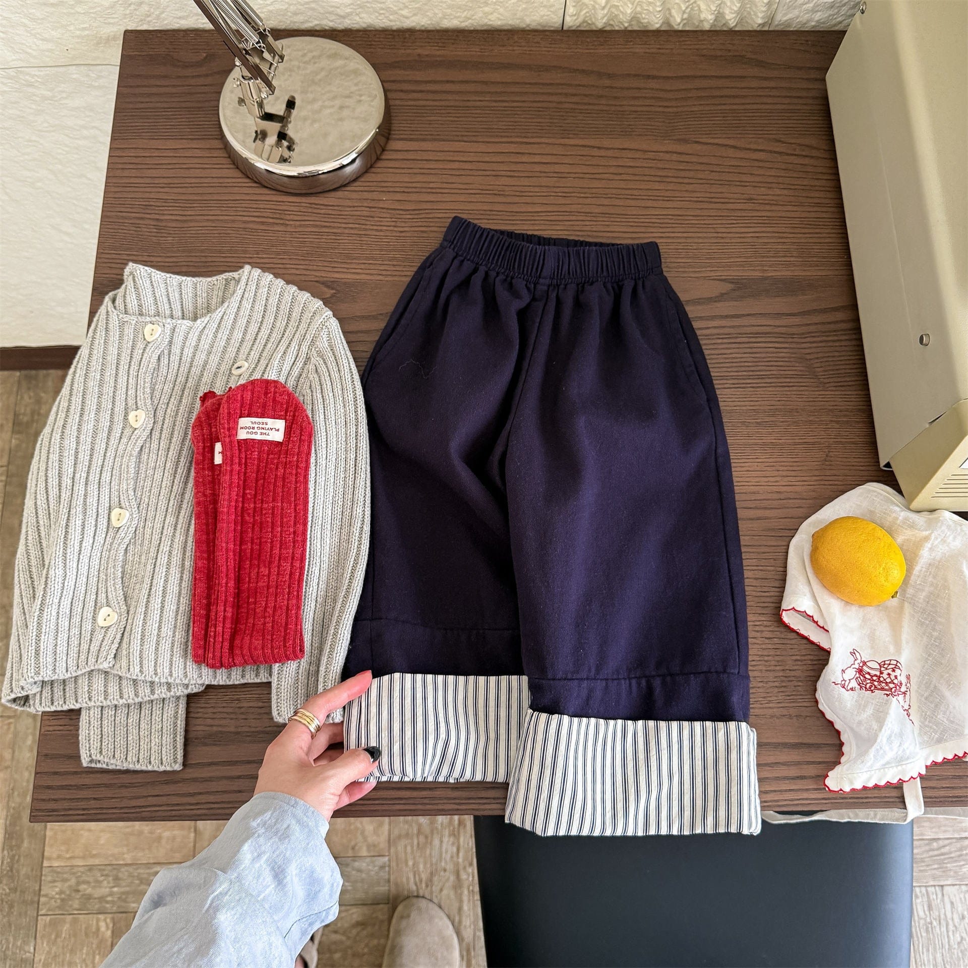 ロングパンツ・スウェットパンツ Navy / 80cm ストライプロールアップワイドルーズストレートパンツ【mh0010641】