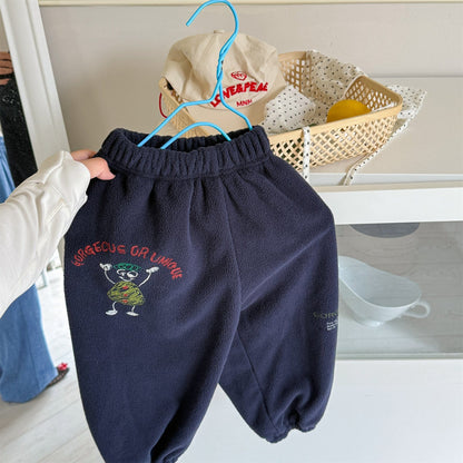 ロングパンツ・スウェットパンツ Navy / 80cm 刺繍入りコーラルベルベットジョガーパンツ裏起毛あったかボトムス【mh0010911】