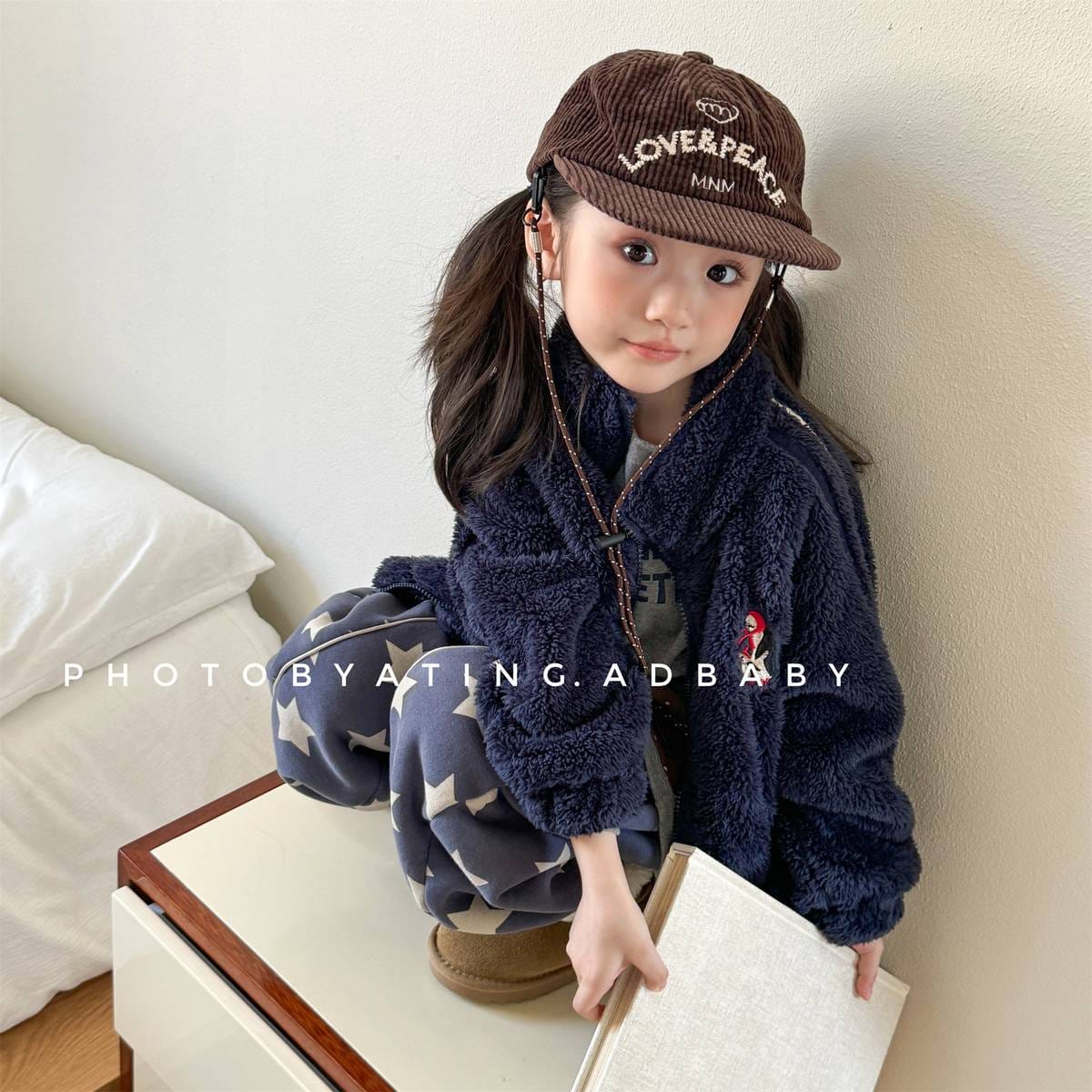 ショートコート・ジャケット・ジャンパー Navy / 80cm ボアジャケット アウター ジップアップ 腕ライン 刺繍入り もこもこ素材【mh0011398】