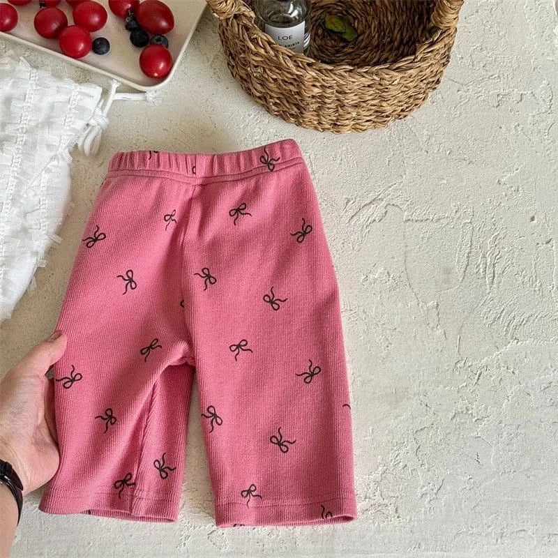 レギンスパンツ Pink / 12M (80) キッズパンツ ハーフレギンスパンツ リボンプリント 3カラー【mh0005813】