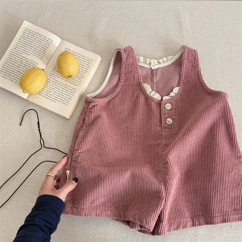 ノースリーブジャンプスーツ Pink / 12M (80) キッズジャンプスーツ レースフリルコーデュロイノースリーブワイドジャンプスーツ【mh0008629】