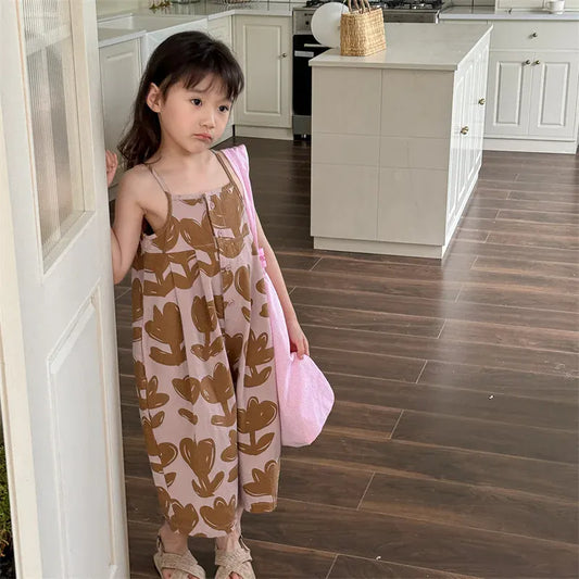 サロペットパンツ・サスペンダーパンツ Pink / 12M  80CM キッズジャンプスーツ キャミソールサロペット レトロ チューリップフラワープリント 2カラー【mh0005441】