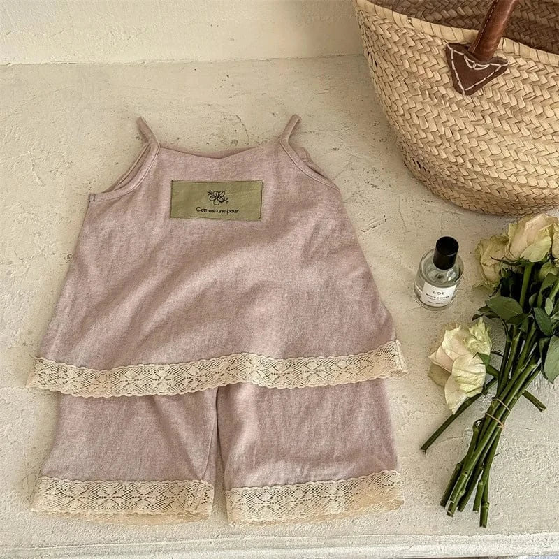 ノースリーブセットアップ Pink / 80cm 9-12M キッズセットアップ 2点セット キャミソールトップス+クロップドパンツ レース 2カラー【mh0005358】