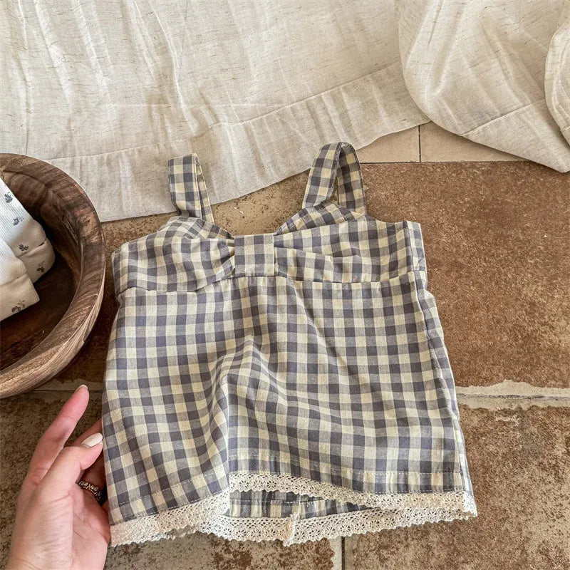 タンクトップ・キャミソール・ノースリーブトップス Plaid / 12M (80) キッズトップス ノースリーブ リボンブラウス チェック/無地 2カラー【mh0005925】