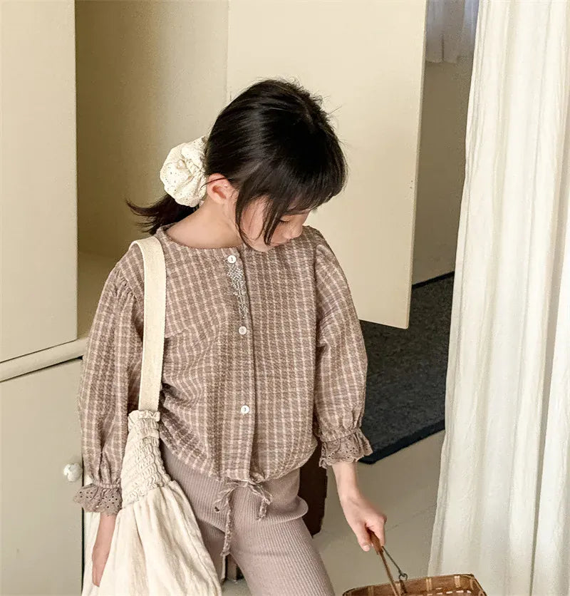 長袖シャツ・ブラウス Plaid / 12M (80) キッズトップス 刺繍ステッチワンポイントチェック/無地長袖パフスリーブブラウス【mh0008648】