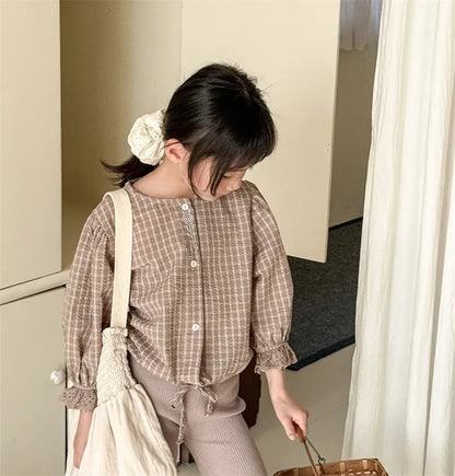 長袖シャツ・ブラウス Plaid / 12M (80) キッズトップス 刺繍ステッチワンポイントチェック/無地長袖パフスリーブブラウス【mh0008648】