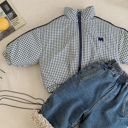 ショートコート・ジャケット・ジャンパー Plaid / 12M  80CM キッズアウター チェック/無地裏着ワンポイントライン入りパデッドブルゾンジャケット【mh0007930】