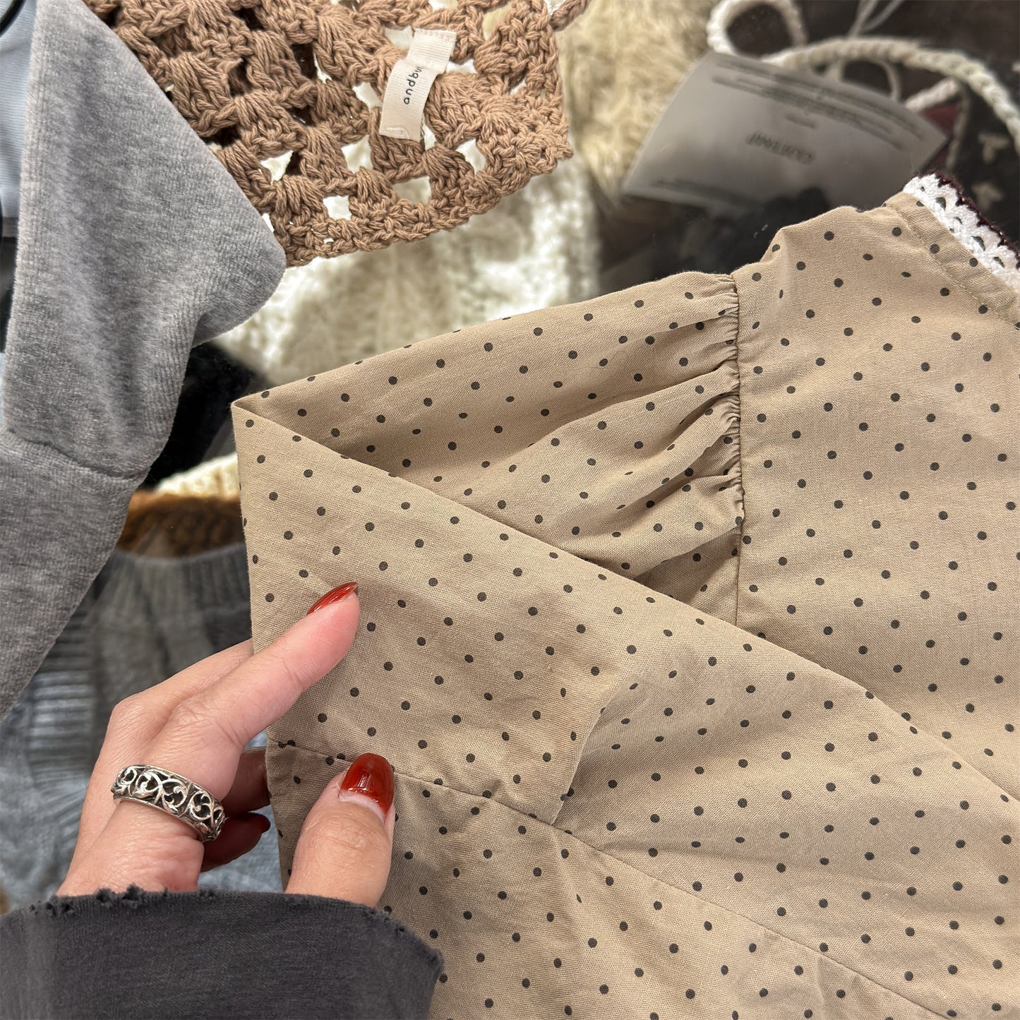 長袖シャツ・ブラウス Polka Dot Lace Puff Sleeve Shirt ドット柄 レース パフスリーブ シャツ【mh0011950】