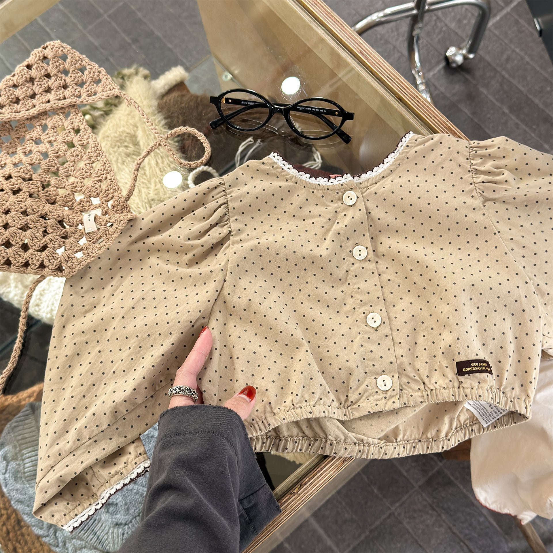 長袖シャツ・ブラウス Polka Dot Lace Puff Sleeve Shirt ドット柄 レース パフスリーブ シャツ【mh0011950】