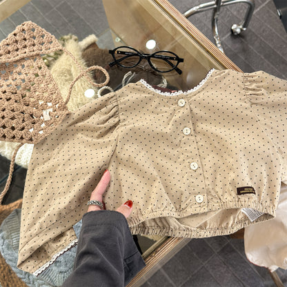 長袖シャツ・ブラウス Polka Dot Lace Puff Sleeve Shirt ドット柄 レース パフスリーブ シャツ【mh0011950】