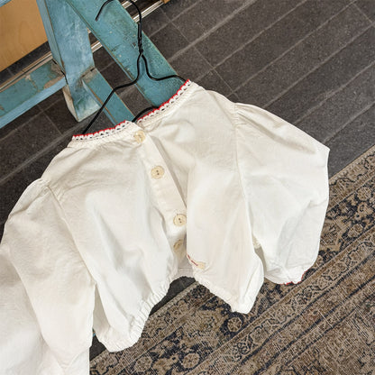 長袖シャツ・ブラウス Polka Dot Lace Puff Sleeve Shirt ドット柄 レース パフスリーブ シャツ【mh0011950】