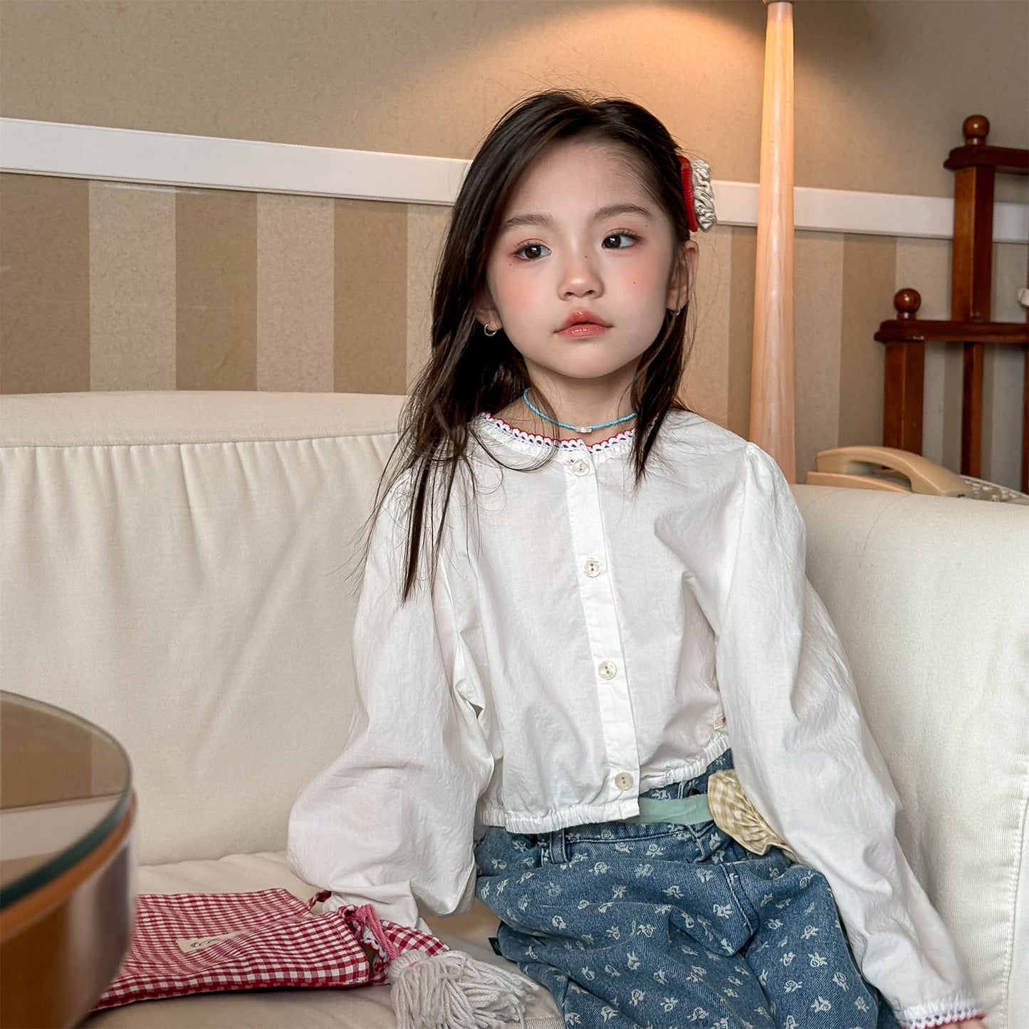 長袖シャツ・ブラウス Polka Dot Lace Puff Sleeve Shirt ドット柄 レース パフスリーブ シャツ【mh0011950】