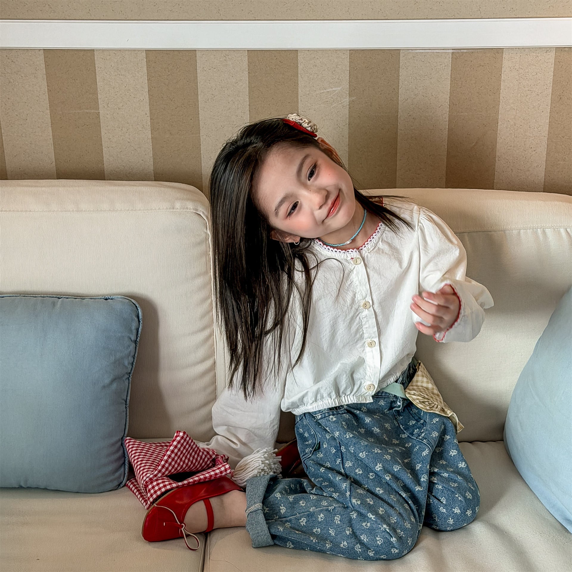 長袖シャツ・ブラウス Polka Dot Lace Puff Sleeve Shirt ドット柄 レース パフスリーブ シャツ【mh0011950】