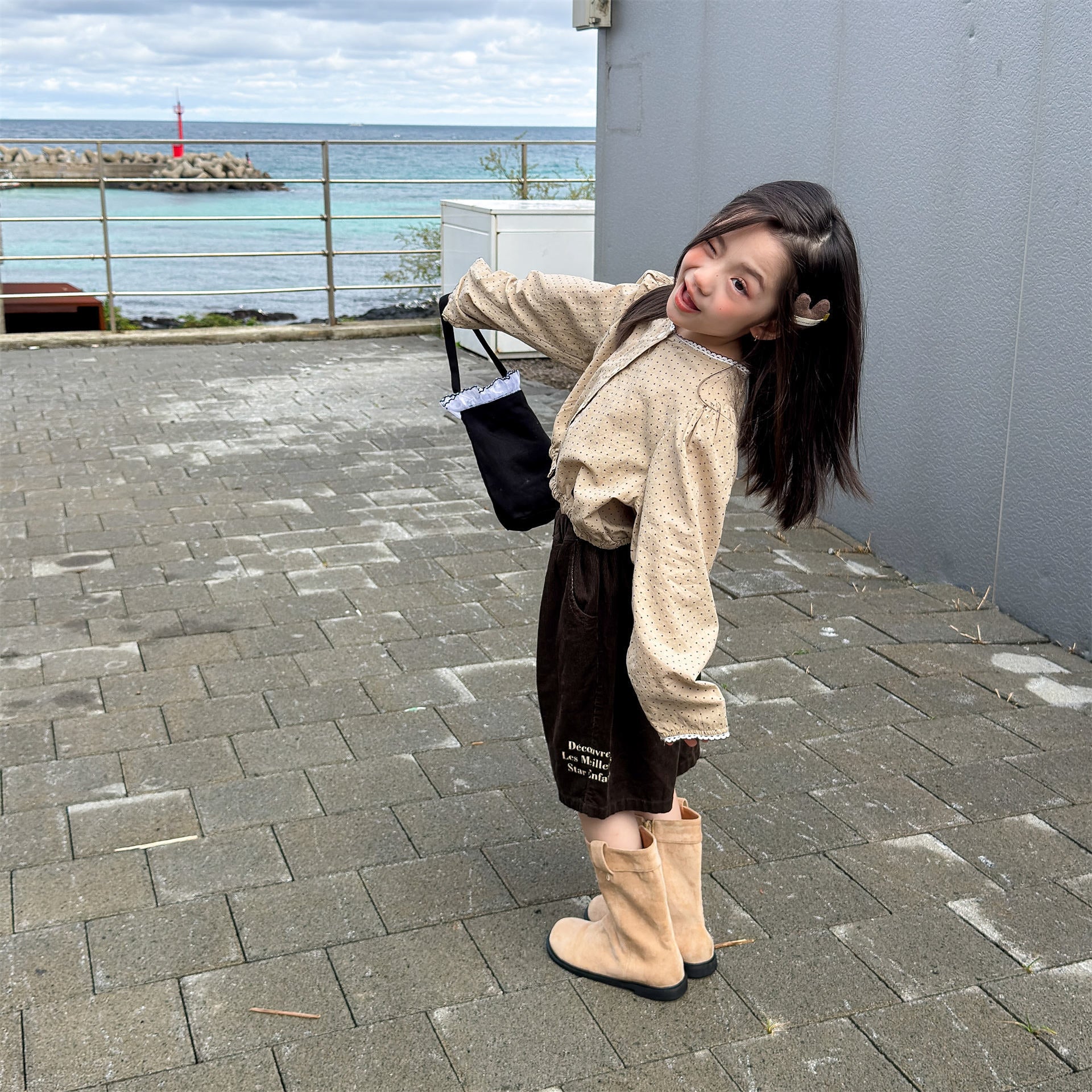 長袖シャツ・ブラウス Polka Dot Lace Puff Sleeve Shirt ドット柄 レース パフスリーブ シャツ【mh0011950】