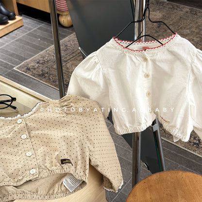 長袖シャツ・ブラウス Polka Dot Lace Puff Sleeve Shirt ドット柄 レース パフスリーブ シャツ【mh0011950】