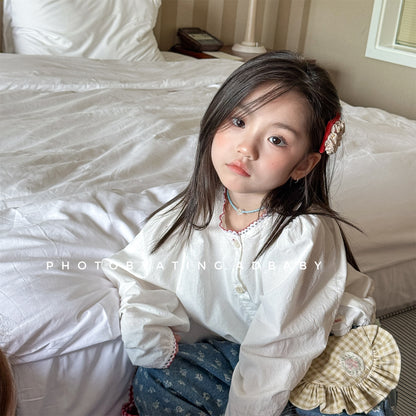 長袖シャツ・ブラウス Polka Dot Lace Puff Sleeve Shirt ドット柄 レース パフスリーブ シャツ【mh0011950】