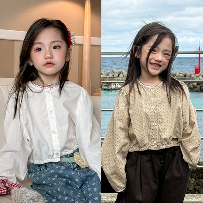 長袖シャツ・ブラウス Polka Dot Lace Puff Sleeve Shirt ドット柄 レース パフスリーブ シャツ【mh0011950】