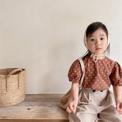 半袖シャツ・ブラウス Polka Dot Linen Puff Sleeve Shirt みずたま パフスリーブ ブラウス【mh0011994】