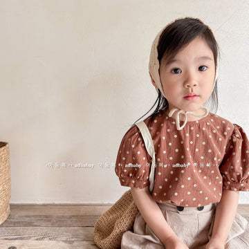 半袖シャツ・ブラウス Polka Dot Linen Puff Sleeve Shirt みずたま パフスリーブ ブラウス【mh0011994】