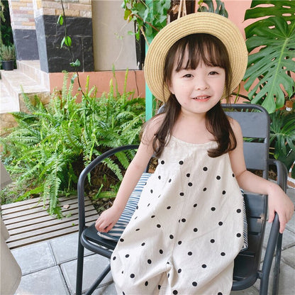 ドット柄のワイドサロペット 胸元切替あり、ゆったりしたストレートシルエット