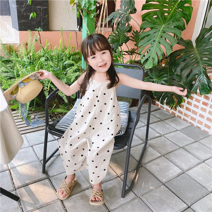 ドット柄ワイドレッグサロペット ベージュ×黒水玉 座った時も広がる裾