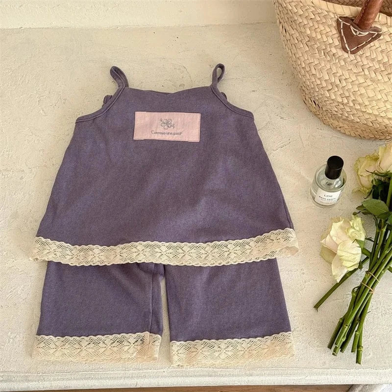 ノースリーブセットアップ Purple / 80cm 9-12M キッズセットアップ 2点セット キャミソールトップス+クロップドパンツ レース 2カラー【mh0005358】
