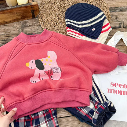 トレーナー・フーディ Red / 12M  80CM キッズトップス ドッグ犬プリント裏フリース長袖スウェットトレーナー【mh0008073】