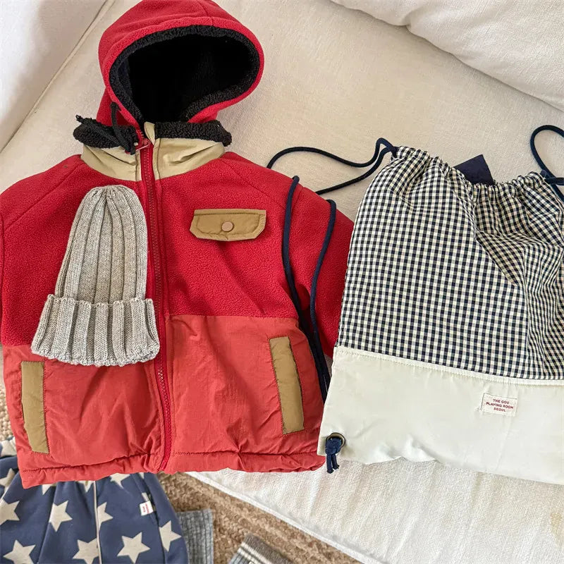 ショートコート・ジャケット・ジャンパー Red / 80cm 9-12M キッズアウター パッチワークボアフリースフーディジップアップブルゾンジャケット【mh0007664】