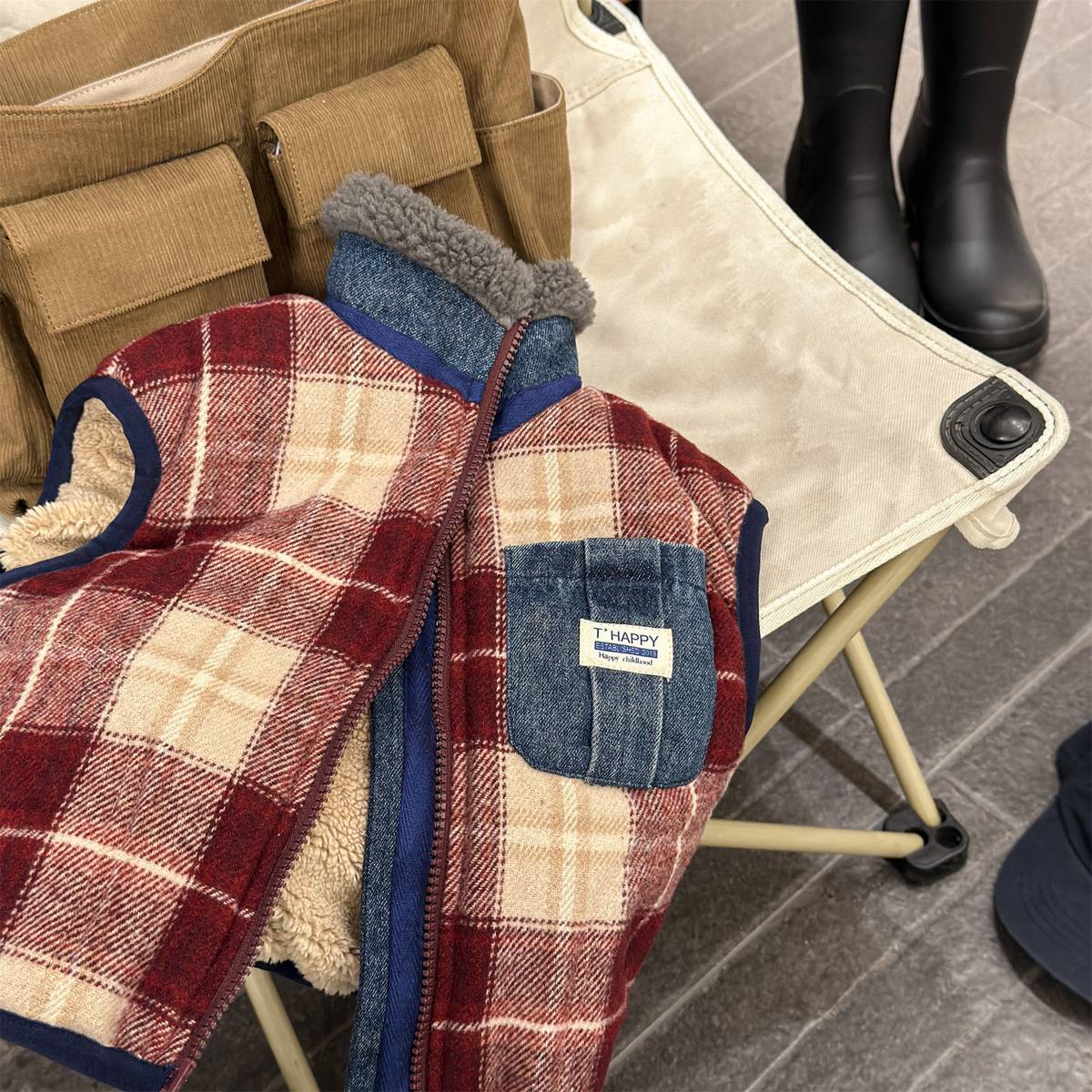 ベスト Red / 80cm チェック柄ベスト 裏ボア デニムポケット 中綿入り アウター【mh0011418】