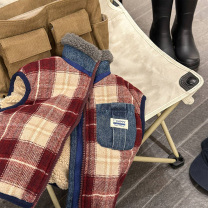 ベスト Red / 80cm チェック柄ベスト 裏ボア デニムポケット 中綿入り アウター【mh0011418】