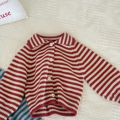 カーディガン・パーカー Red / 80cm ボーダーニットカーディガン 襟付き 長袖 ボタン開閉 トップス【mh0011431】
