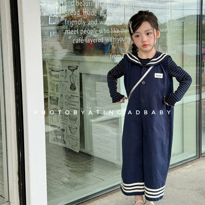 春夏サロペット オーバーオール ネイビー色、セーラーカラー風とボーダー裾