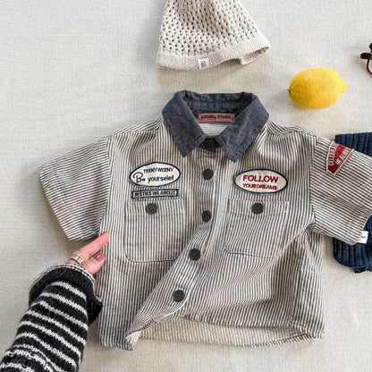 半袖シャツ・ブラウス Stripe / 80cm ワッペン半袖ダイナーシャツ【mh0009395】