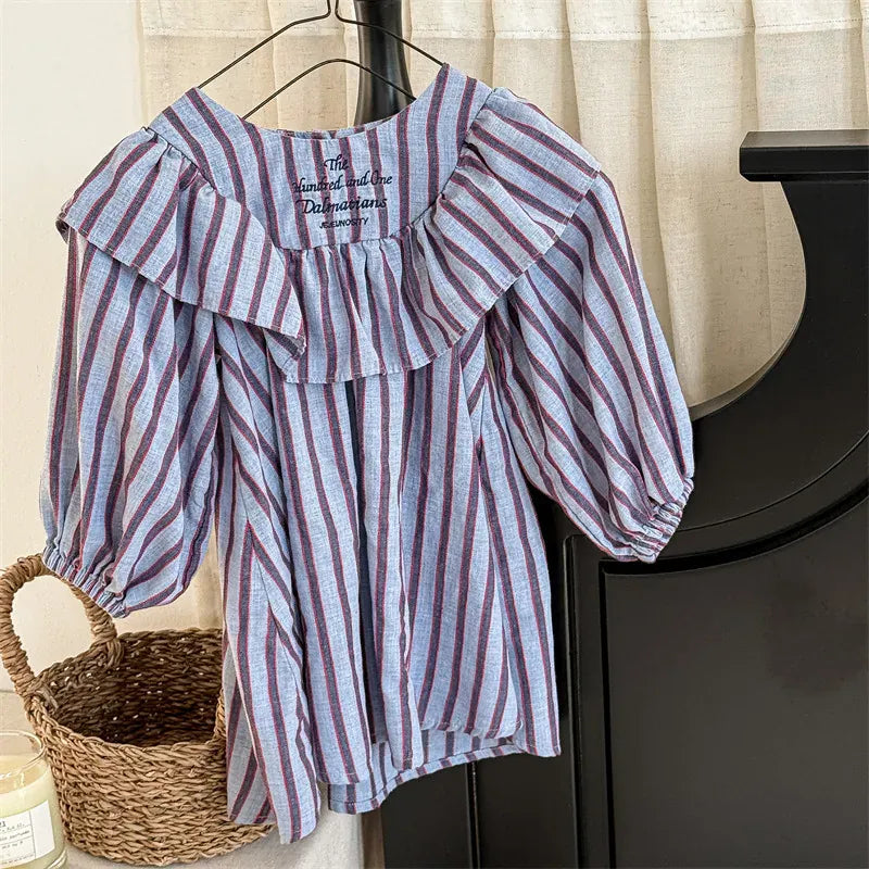 長袖ワンピース striped / 12M (80) キッズワンピース ストライプ/無地レターロゴ刺繍フリル長袖ワンピース【mh-0008626】