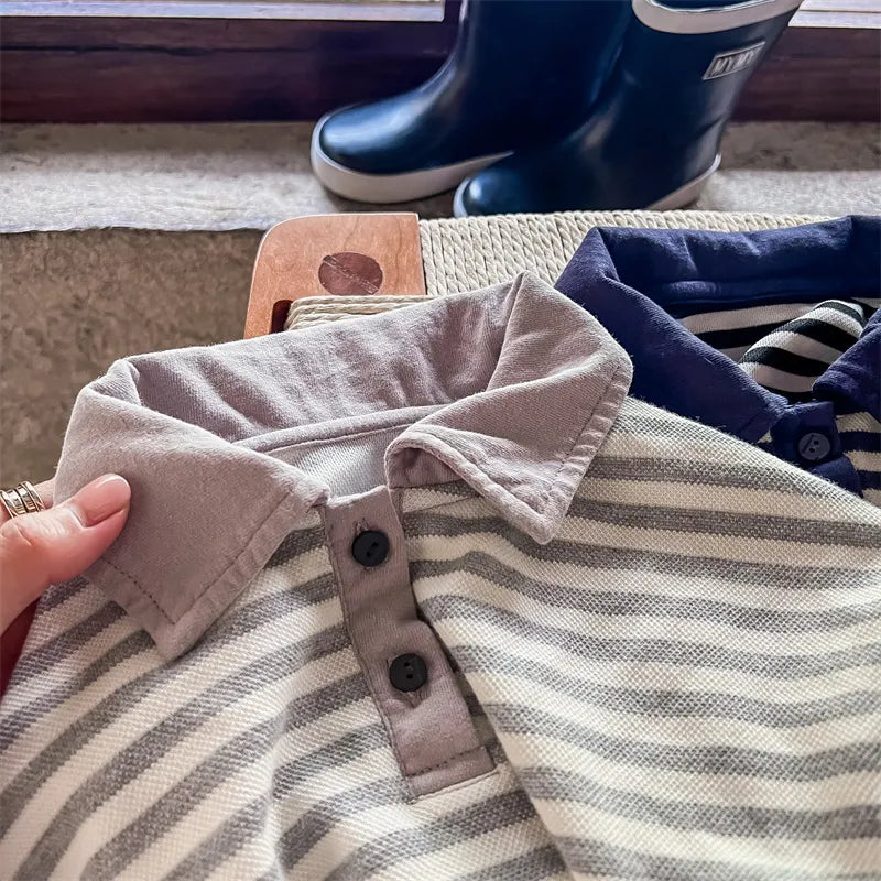 長袖シャツ・ブラウス キッズ レトロ ボーダー ポロシャツ 長袖 襟付き Tシャツ トップス【mh0002953】