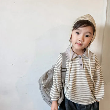 長袖シャツ・ブラウス キッズ レトロ ボーダー ポロシャツ 長袖 襟付き Tシャツ トップス【mh0002953】