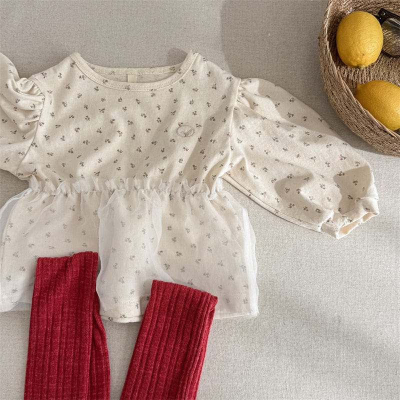 長袖シャツ・ブラウス キッズトップス チュチュドッキングフラワープリント長袖パフスリーブTシャツ【mh0009007】