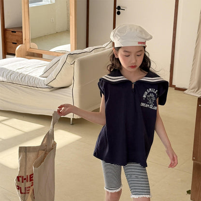 タンクトップ・キャミソール・ノースリーブトップス セーラーカラーノースリーブマリンTシャツ【mh0010135】