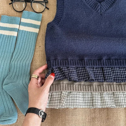 ベスト キッズベスト ニットVネックベスト チェックプリーツペプラム 2カラー【mh0006616】