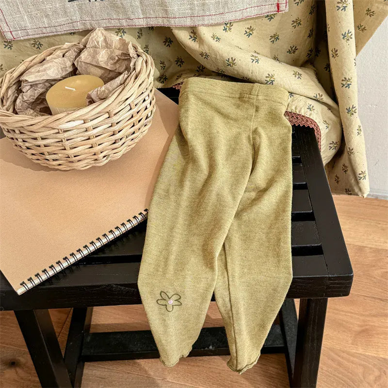 レギンスパンツ Yellow / 12M  80CM キッズパンツ フラワーワンポイントプリントレギンスパンツ 3カラー【mh0006866】