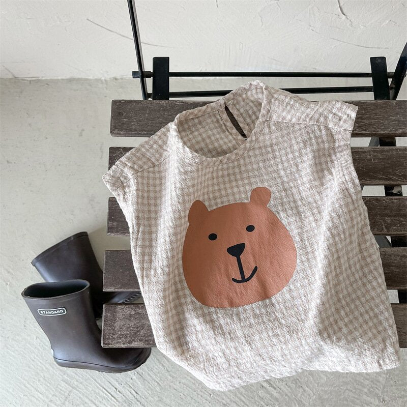 タンクトップ・キャミソール・ノースリーブトップス Yellow / 80cm Bear Check French Sleeve Top くま チェック フレンチスリーブトップス【mh0012144】