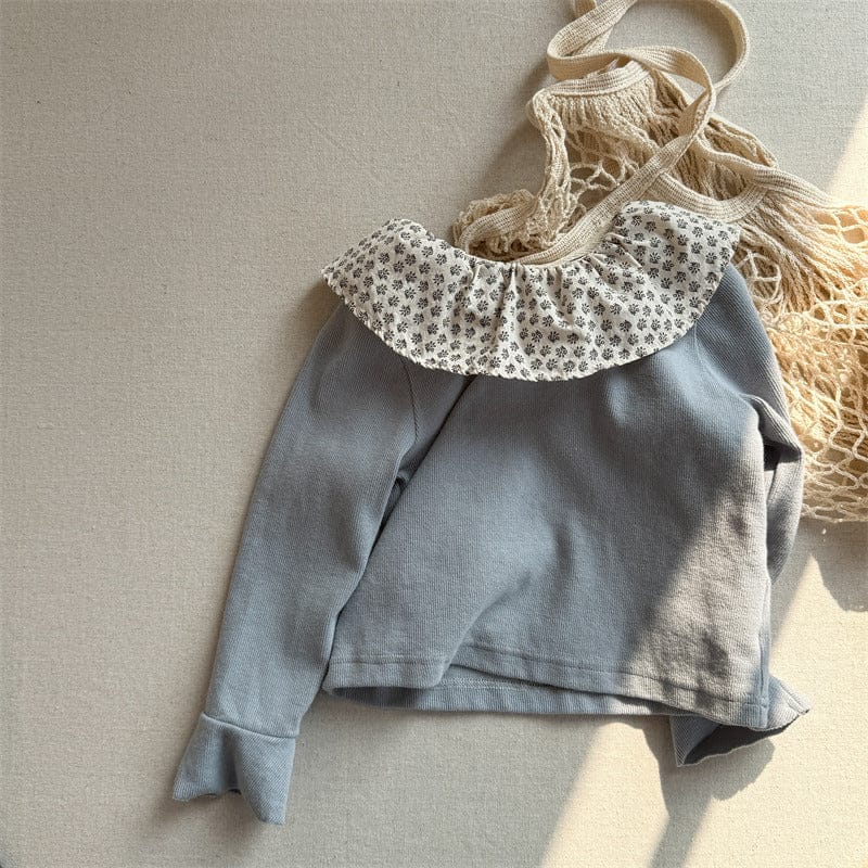 長袖Tシャツ 6080 baby blue / 80cm キッズトップス フラワープリントラッフル襟長袖カットソーTシャツ【mh-0008976】