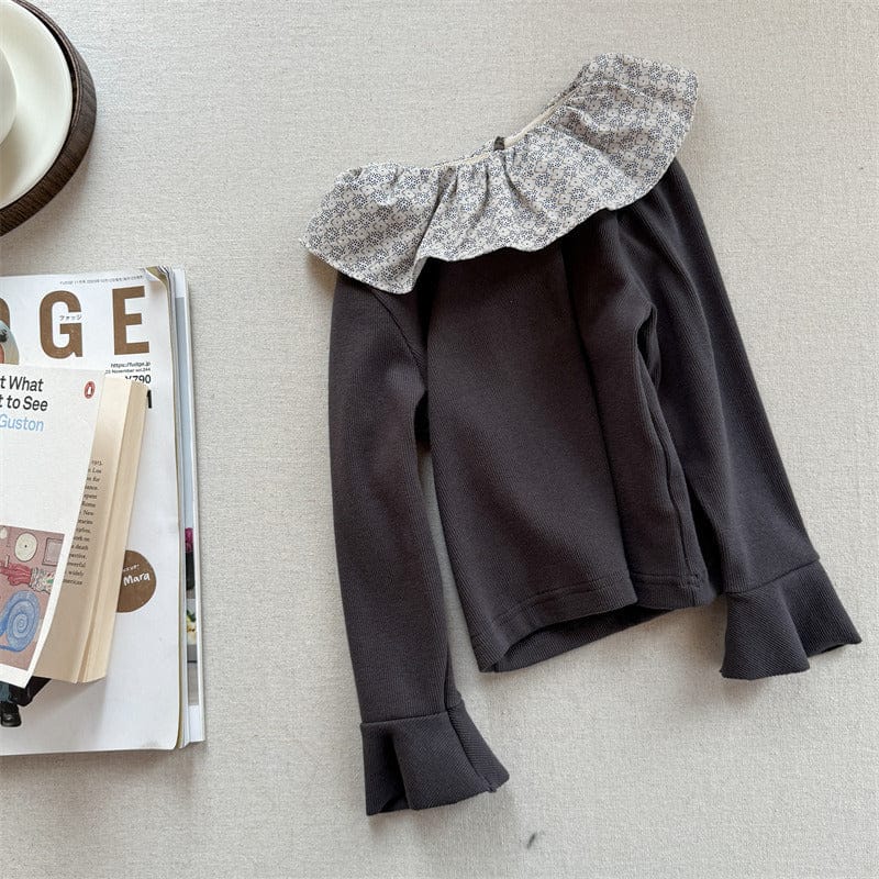 長袖Tシャツ 6080 dark grey / 80cm キッズトップス フラワープリントラッフル襟長袖カットソーTシャツ【mh-0008976】