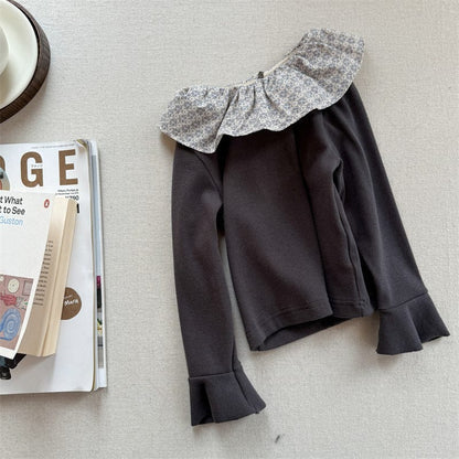 長袖Tシャツ 6080 dark grey / 80cm キッズトップス フラワープリントラッフル襟長袖カットソーTシャツ【mh-0008976】