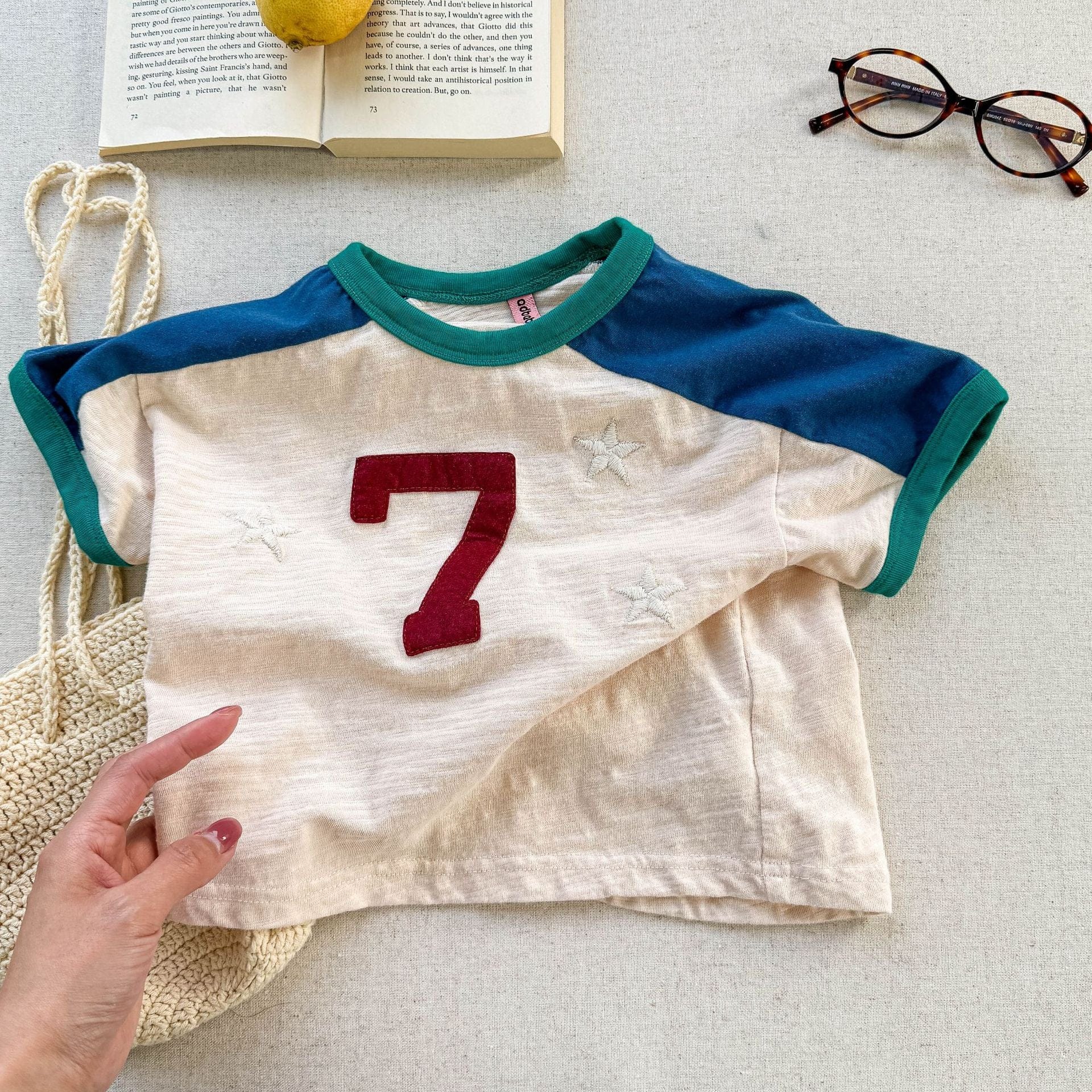 半袖Tシャツ Apricot / 80cm ナンバースターロゴプリントパッチワークラグラン半袖Tシャツ【mh0009382】