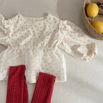 長袖Tシャツ Beige / 12M (80) キッズトップス フラワー小花柄プリントチュールペプラムドッキング長袖Tシャツ【mh0008650】