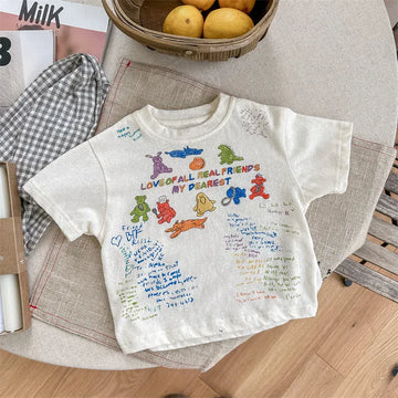 半袖Tシャツ Beige / 12M 80cm キッズトップス 半袖Tシャツ カラフルレター ベアくまお絵描きプリント 2カラー【mh0005402】