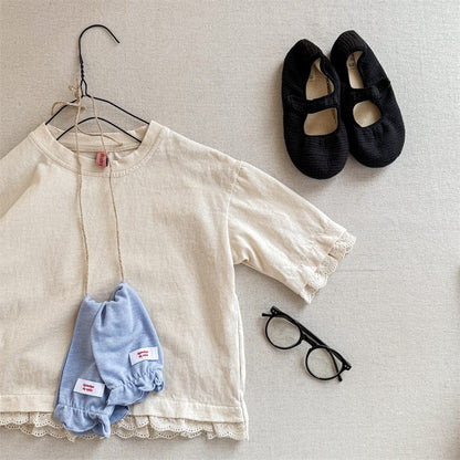 長袖Tシャツ Beige / 80cm キッズトップス リボンプリント裾レース七分袖Tシャツ【mh-0008971】