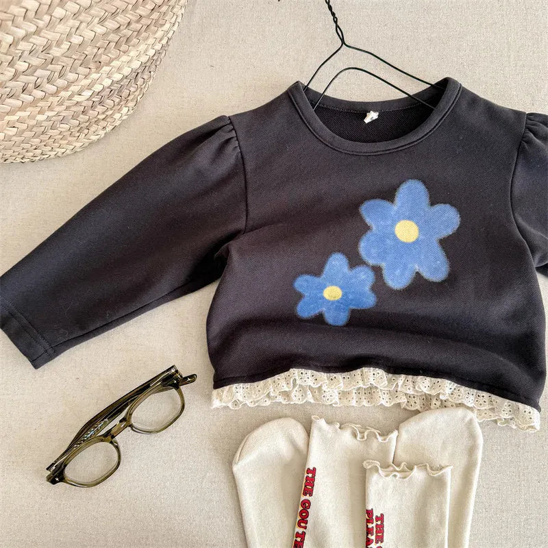 長袖Tシャツ Black / 12M (80) キッズトップス レトロフラワープリント裾フリル長袖パフスリーブスウェットシャツ【mh0008652】